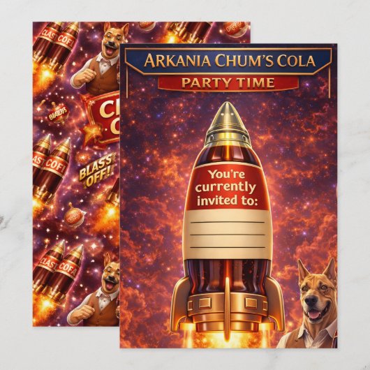 Chums: retro sci-fi rocket ship birthday invitatio 招待状 (正面/裏面)