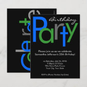 Chunky Block Blue Black Birthday Party招待 招待状 (正面/裏面)