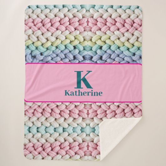 Chunky Pastel Knit Monogram Custom Name Gift シェルパブランケット (正面)