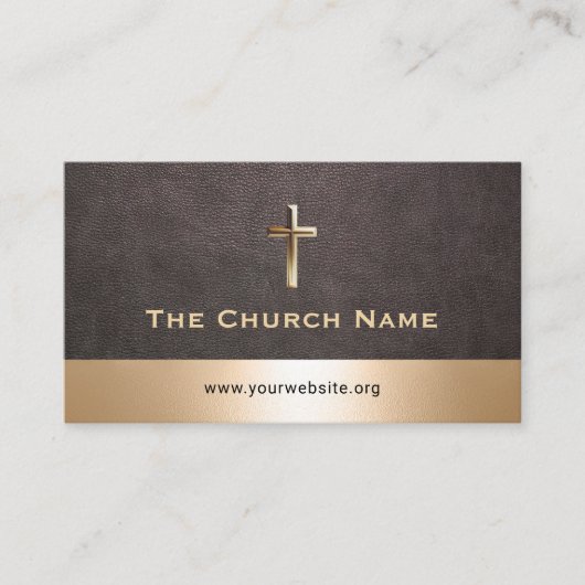 Church Pastor Elegant Dark Leather Gold Border 名刺 (正面)