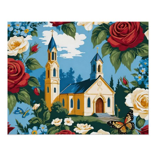 Church With Roses And Butterfly ポスター (正面)