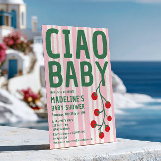 Ciao ベビーシャワー イタリアン レトロ ピンク ストライプ グリーン 招待状
