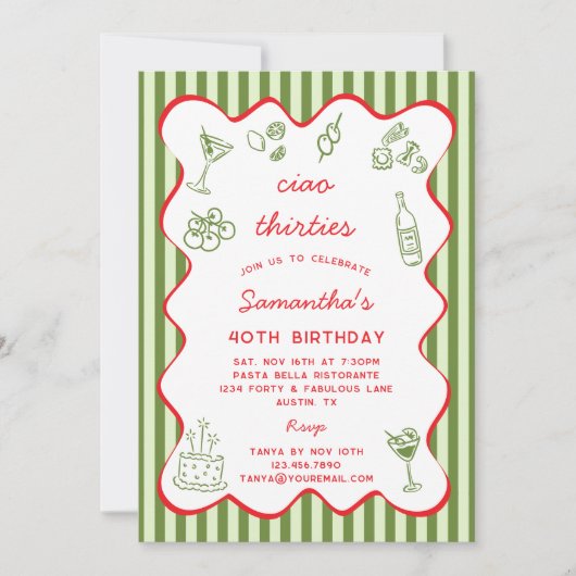 Ciao 30s Italian Pasta Dinner 40th Birthday Party  招待状 (正面)