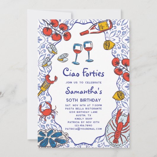 Ciao 40s Italian Seafood Wine Dinner 50th Birthday 招待状 (正面)