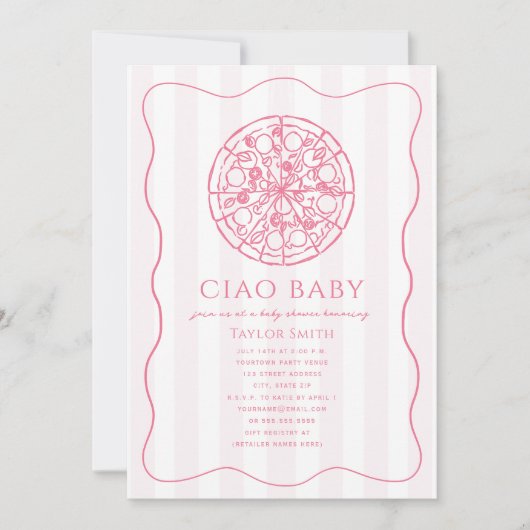 Ciao Baby ピンクのピザガールベビーシャワー 招待状 (正面)