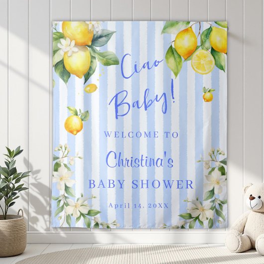 Ciao Baby Blue Citrus Lemons Baby Shower Backdrop タペストリー