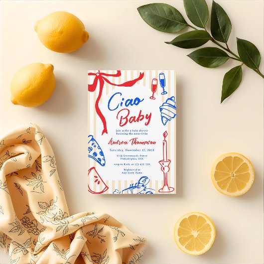 Ciao Baby Italian Bambino Hand Drawn Baby Shower 招待状