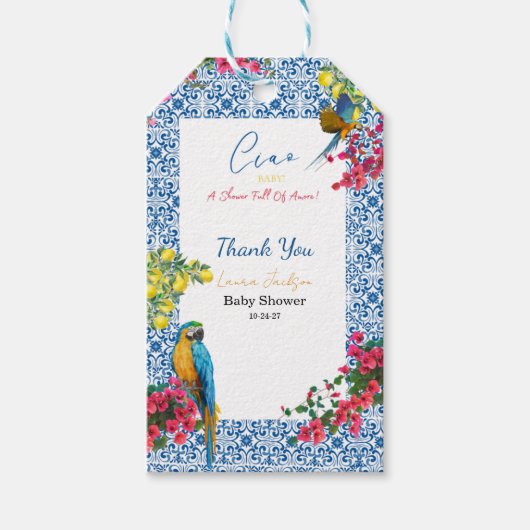 Ciao Baby Italian Blue Tile Lemons Baby Shower ギフトタグ (正面)