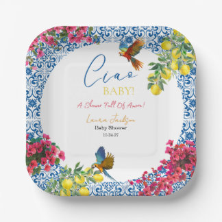 Ciao Baby Italian Blue Tile Lemons Baby Shower ペーパープレート