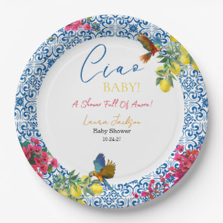 Ciao Baby Italian Blue Tile Lemons Baby Shower ペーパープレート