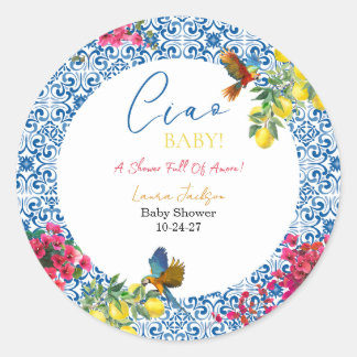 Ciao Baby Italian Blue Tile Lemons Baby Shower ラウンドシール
