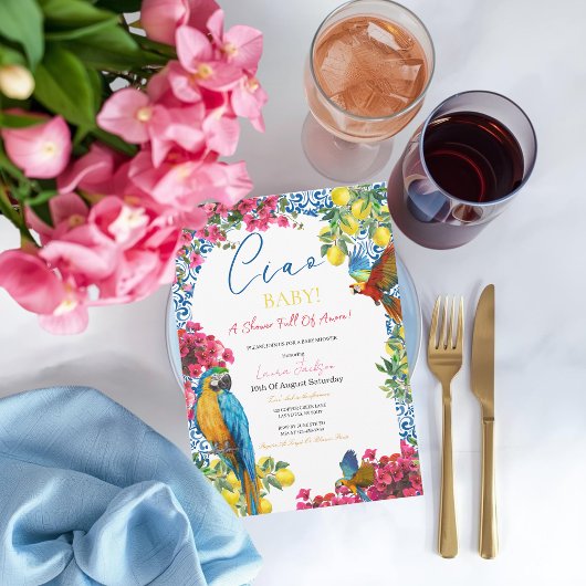 Ciao Baby Italian Blue Tile Lemons Baby Shower  招待状