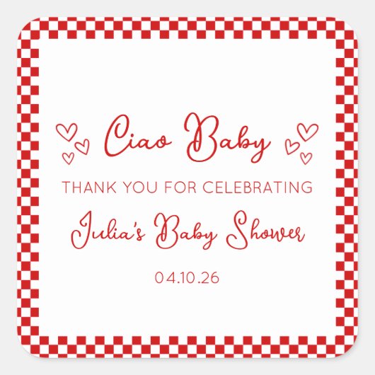 Ciao Baby! Italian Red Baby Shower Thank You スクエアシール (正面)