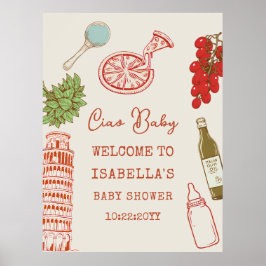 Ciao Baby Line Art Italian Pizza Baby Shower ポスター