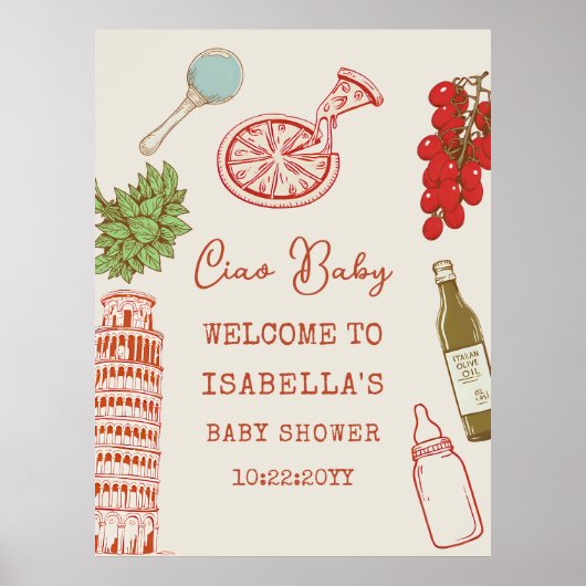 Ciao Baby Line Art Italian Pizza Baby Shower ポスター (正面)