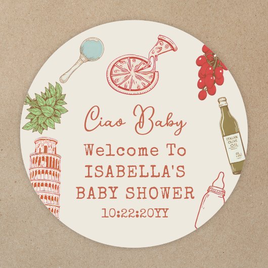 Ciao Baby Line Art Italian Pizza Baby Shower ラウンドシール