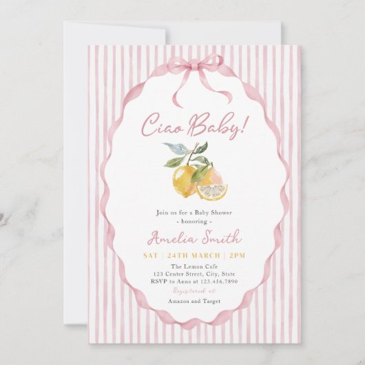 Ciao Baby Pink Lemon Baby Shower 招待状 (正面)
