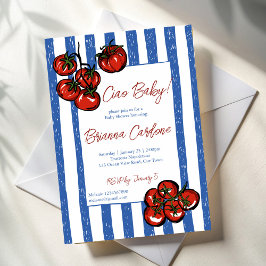 Ciao baby tomato blue stripes Italian baby shower 招待状