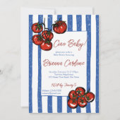 Ciao baby tomato blue stripes Italian baby shower 招待状 (正面)