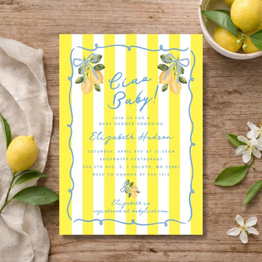Ciao Baby Yellow Stripe Blue Lemon Baby Shower 招待状