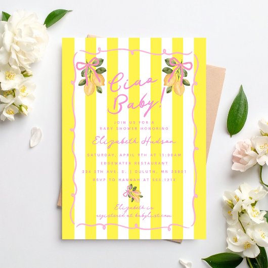 Ciao Baby Yellow Stripe Lemon Baby Shower 招待状