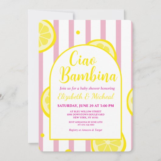 Ciao Bambina Pink and White Baby Shower Invitation 招待状 (正面)