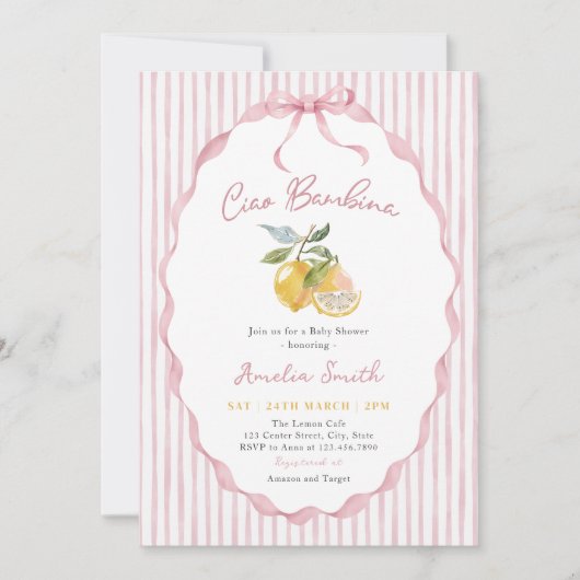 Ciao Bambina Pink Lemon Baby Shower 招待状 (正面)