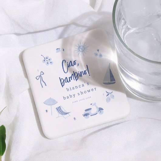 Ciao Bambino Italian Blue Boy Baby Shower スクエアペーパーコースター