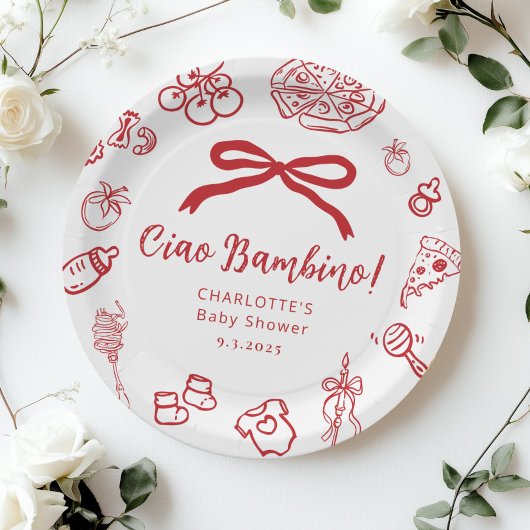Ciao Bambino Pizza Whimsical Bow Baby Shower ペーパープレート
