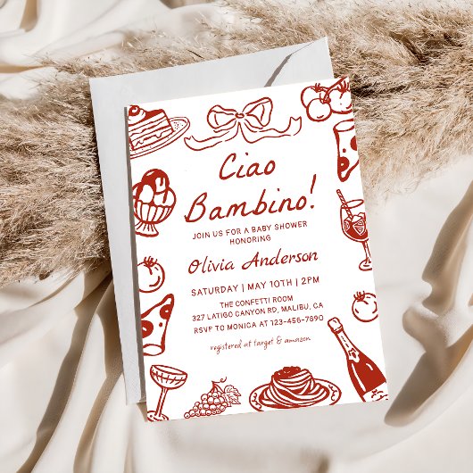 Ciao Bambino Whimsical Italian Pizza Baby Shower 招待状
