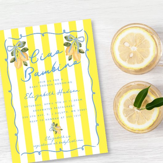 Ciao Bambino Yellow Stripe Blue Lemon Baby Shower 招待状
