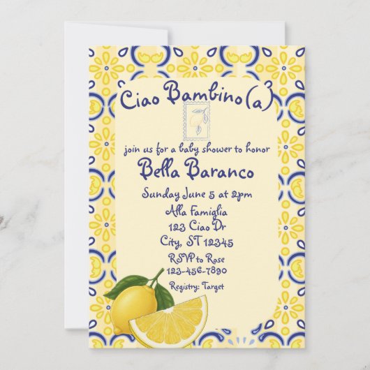 Ciao Bambio(a), Italian, Lemon, Baby Shower 招待状 (正面)