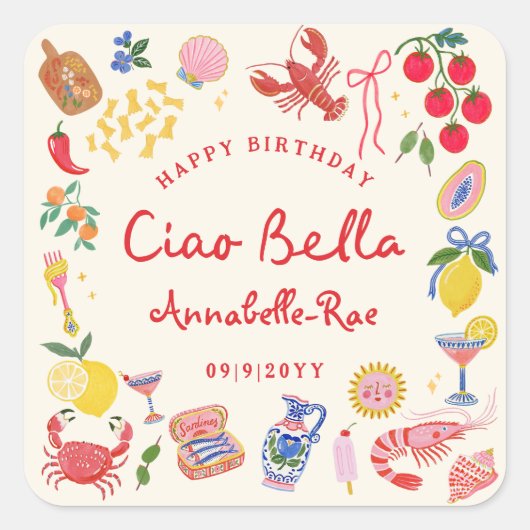 Ciao Bella イタリア 誕生日 名前入り スクエアシール (正面)