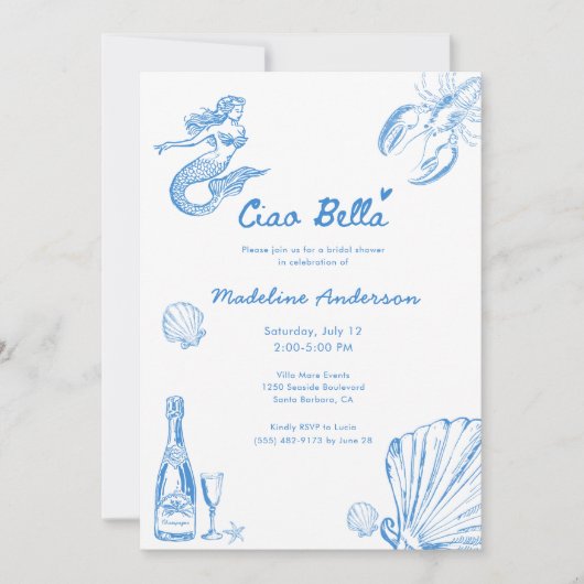 Ciao Bella Blue Toile Coastal Bridal Shower 招待状 (正面)