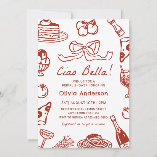 Ciao Bella Hand Drawn Italian Pizza Bridal Shower 招待状 (正面)