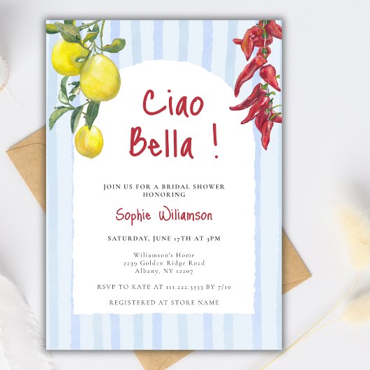 Ciao Bella Italian Lemons Stripes Bridal Shower 招待状