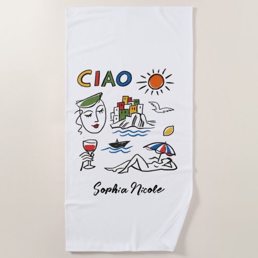 Ciao! Italian Amalfi Coast Hand Drawn Custom Name ビーチタオル (正面)