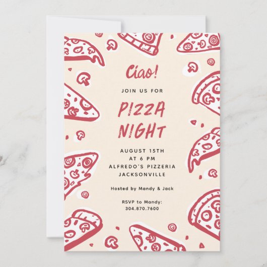 Ciao Red Hand-Drawn Pizza Night Party 招待状 (正面)
