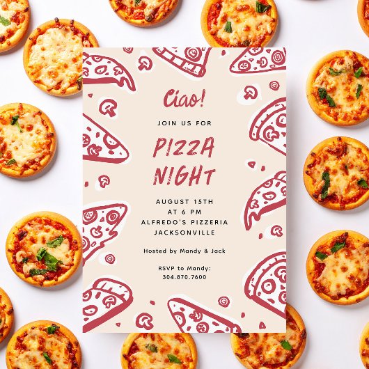 Ciao Red Hand-Drawn Pizza Night Party 招待状