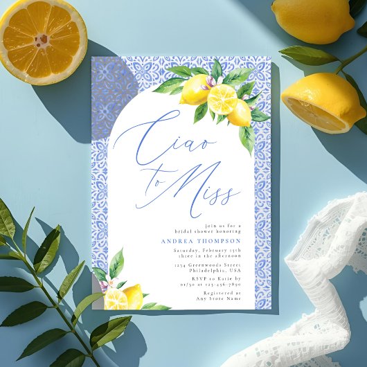 Ciao to Miss Lemon Italian Blue Tile Bridal Shower 招待状