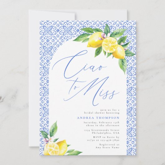 Ciao to Miss Lemon Italian Blue Tile Bridal Shower 招待状 (正面)