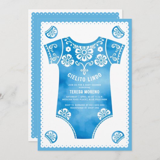 Cielito Lindoかわいい青いボディスーツの男の子の赤ちゃんシャワー 招待状 (正面/裏面)