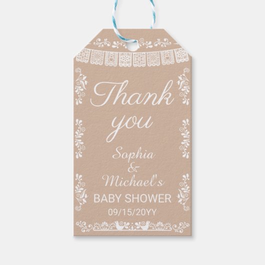 Cielito Lindo Beige Papel Picado Baby Shower ギフトタグ (正面)