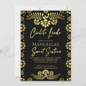 Cielito lindo black gold Mexican sweet 16 birthday 招待状 (正面)
