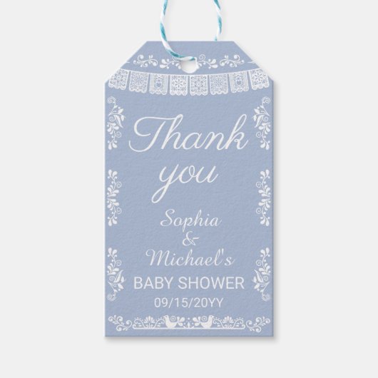 Cielito Lindo Blue Papel Picado Baby Shower ギフトタグ (正面)