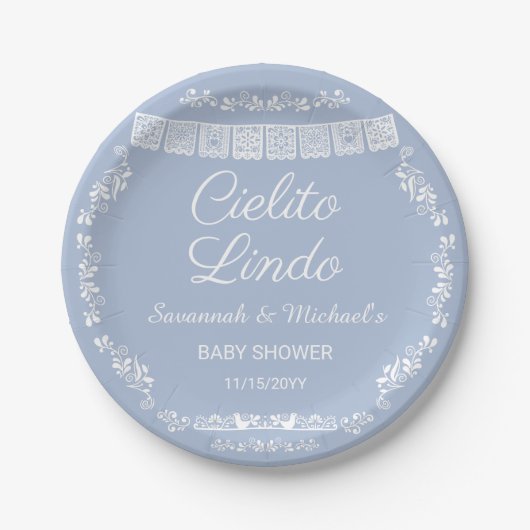 Cielito Lindo Blue Papel Picado Baby Shower ペーパープレート (正面)