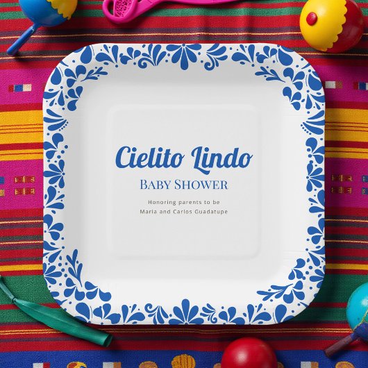 Cielito Lindo Blue Talavera Floral Baby Shower  ペーパープレート