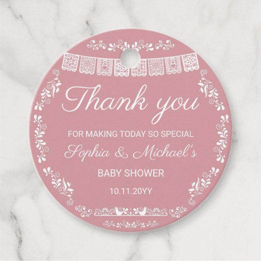 Cielito Lindo Blush Pink Papel Picado Baby Shower フェイバータグ (正面)