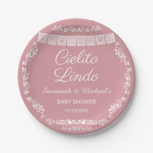 Cielito Lindo Blush Pink Papel Picado Baby Shower ペーパープレート (正面)