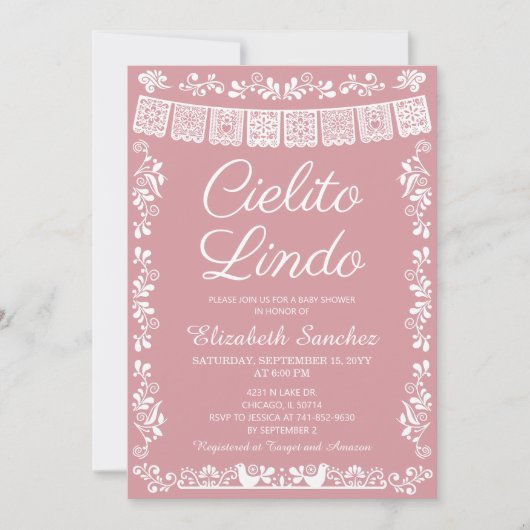 Cielito Lindo Blush Pink Papel Picado Baby Shower 招待状 (正面)